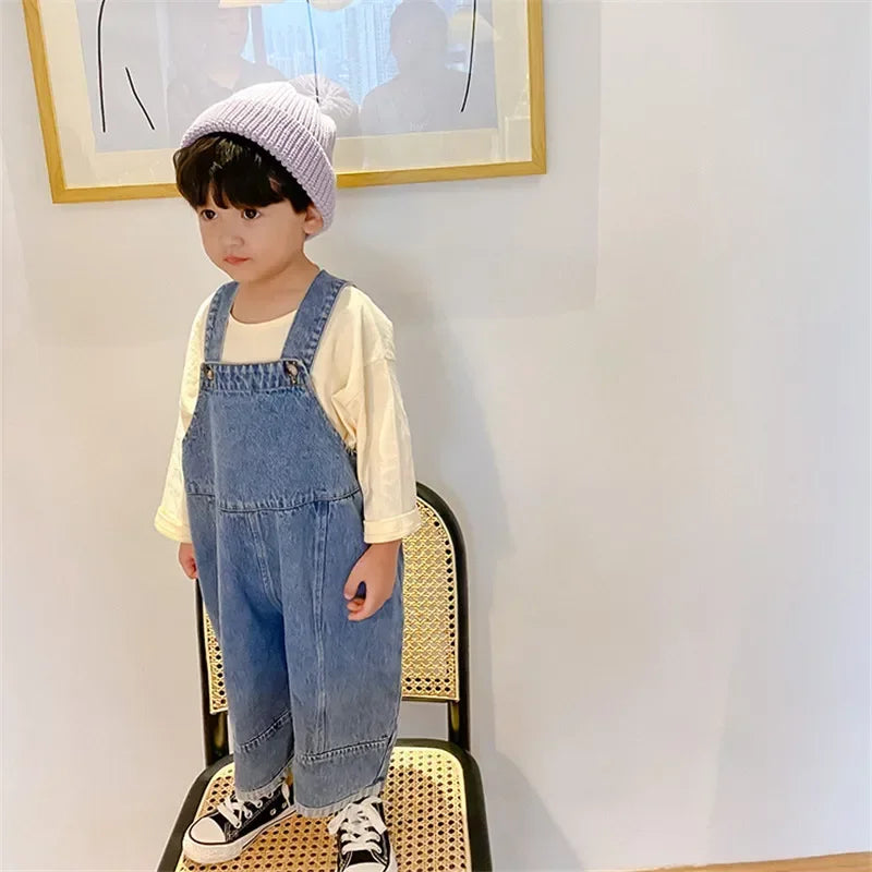 Autumn New Children Loose Overalls Boys Girls Casual All-Match Denim Trousers Spring Fall Solid Outwear 1-7Y Kids Bib Pants