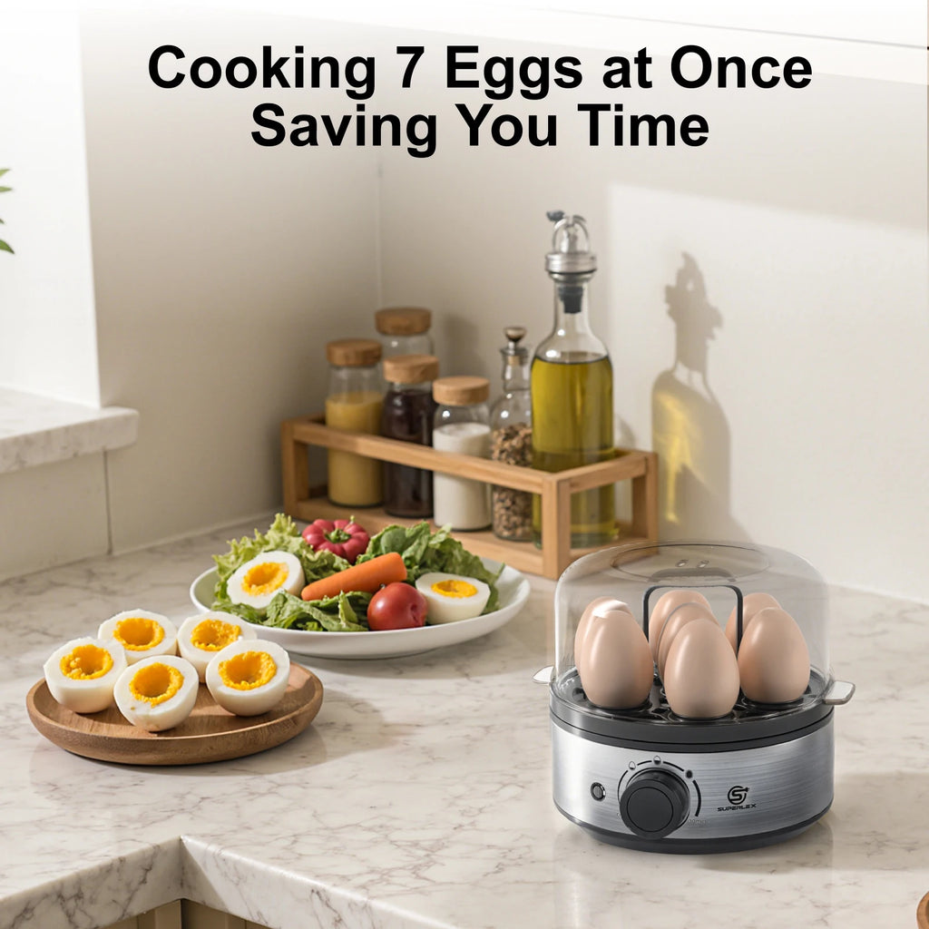 SUPERLEX Electric Egg Cooker 400W Stainless Steel Egg Boiler, Holds Up To 7 Eggs, Adjustable Timer Transparent Lid, Cool Touch Handle, Auto Warning Beep Egg Steamer for Soft Medium Hard Boiled Eggs Breakfast