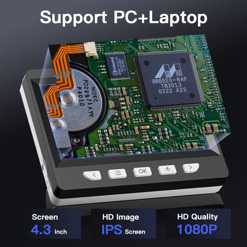 Digital Microscope with 4.3inch IPS Screen 1600X Coin Microscope 2MP USB Professional Electron Microscopios for Watch PCB Repair