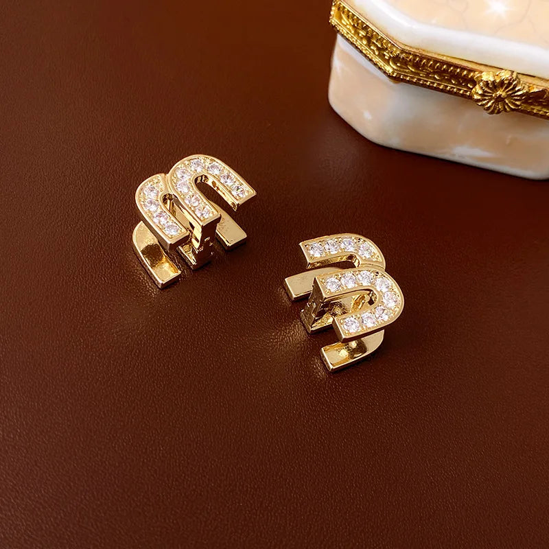 Double-sided Zircon Dripping M Letter Light Luxury High-end Hoop Earrings French Personality DesignTemperament Earring K
