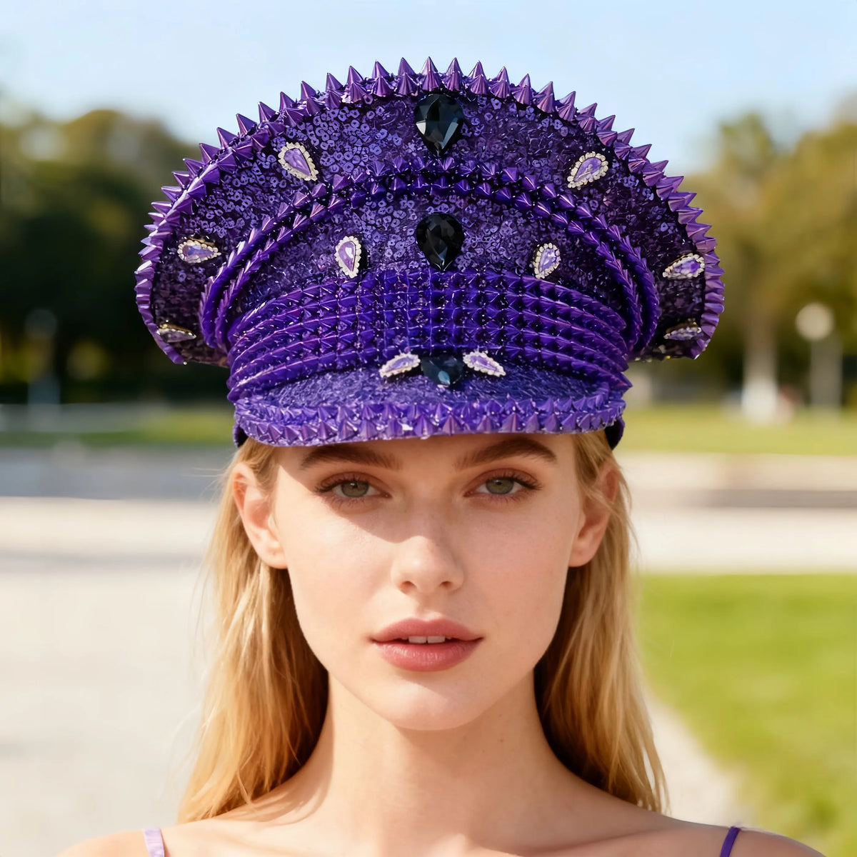 HongLuan Blue Steampunk Captain Hat Rhinestone for Burning Man Festival Woman, Vintage Military Accessories & Military Cap Man
