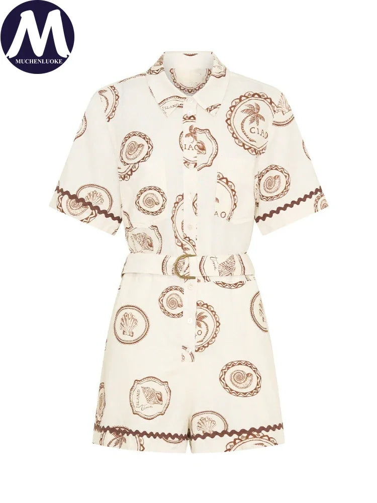 Women's Summer Jumpsuit 2025 Summer New Elegant Print Three Quarter Sleeve Lace Up Jumpsuits Fashionable Casual Loose Jumpsuits