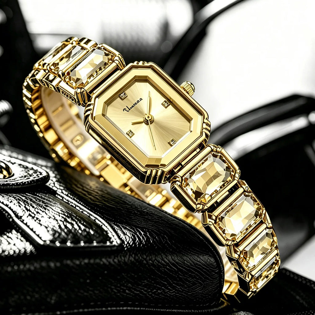Women Square Watch Luxury Rhinestone Stainless Steel Original Quartz Movement Fashion Bracelet Clock Rose Gold Jewelry Wristatch
