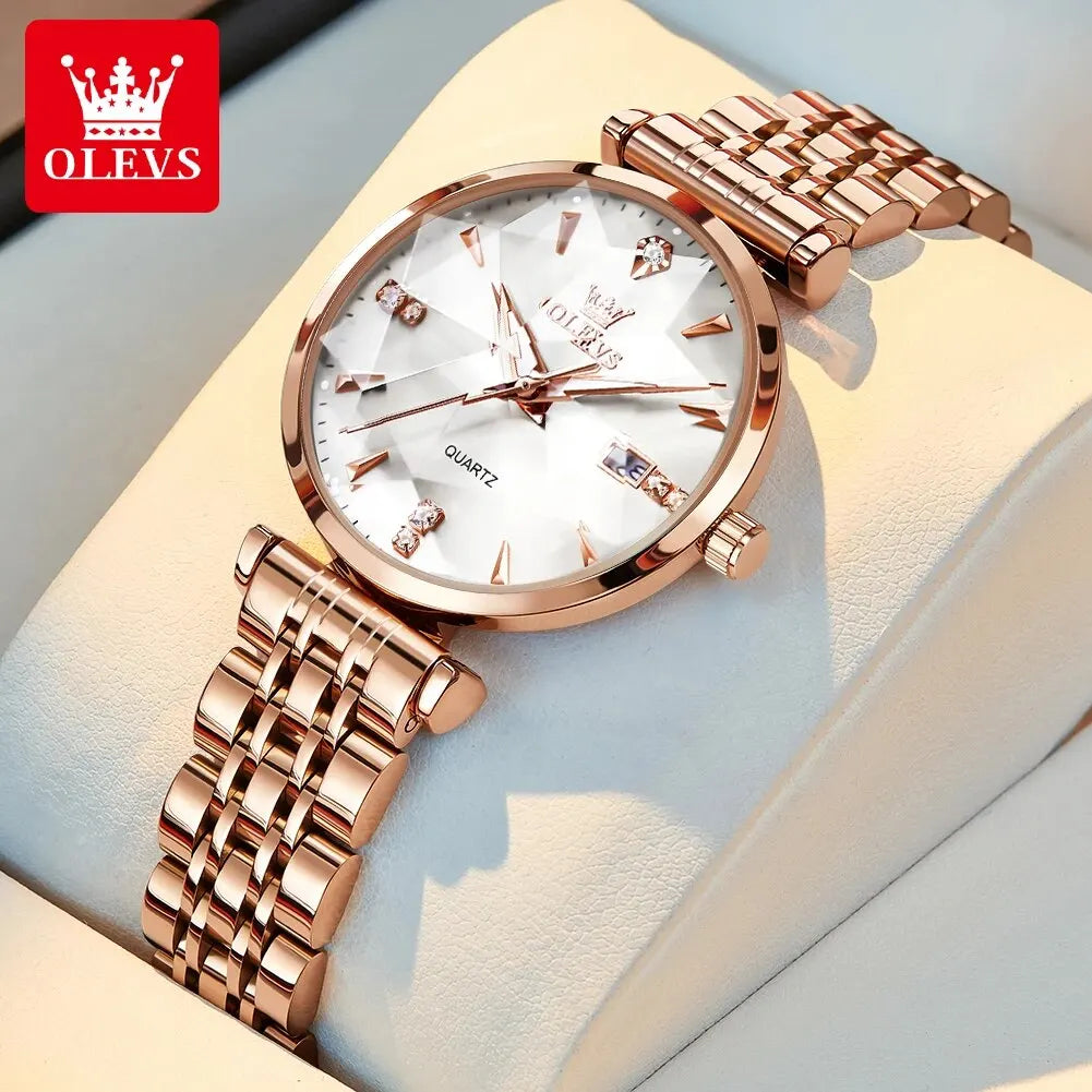 OLEVS 5536 Quartz Watch for Women Fashion Luxury Rhombus Mirror Rose Gold Stainless Steel Waterproof Luminous Ladies Wristwatch