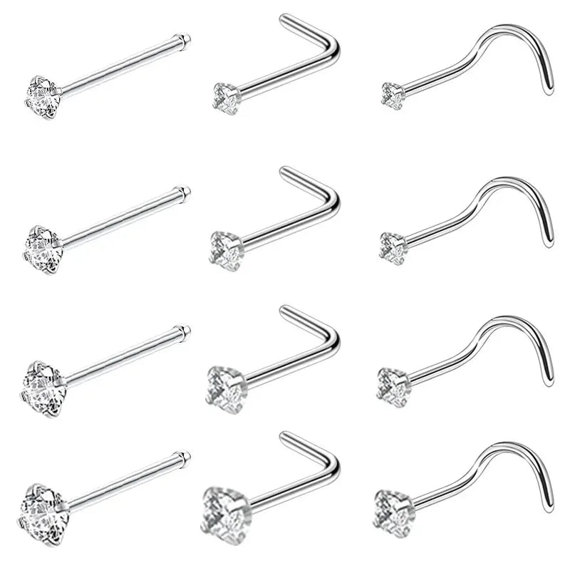 4/12PCS 20G 316L Stainless Steel Zircon Nose Piercing Stud for Women Men, L Shape Nose Ring Nose Screw Nose Piercing Jewelry