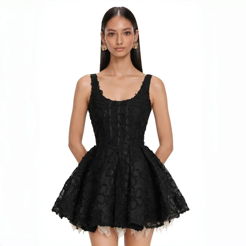 Sweet Chic U Neck Wide Strap 3D Floral Lace Mini Dress Women Host Cocktail Party Short Dress Middle East EID Grand Event Night