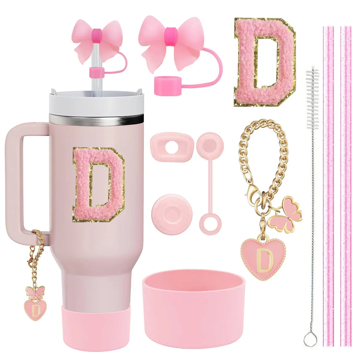 10PCS Accessories Set for Stanley Cup, 2 Straw and Brush and 1 Flower Charm Chain 3 Spill Proof Stopper Flowers Straw Cover Boot
