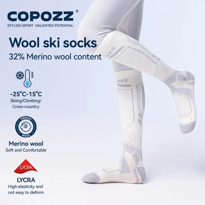 COPOZZ Merino Wool Winter Ski Socks Men Women Thermal Knee-high Ski Socks Warm Thickened Snowboard Soccer Socks Adult Female