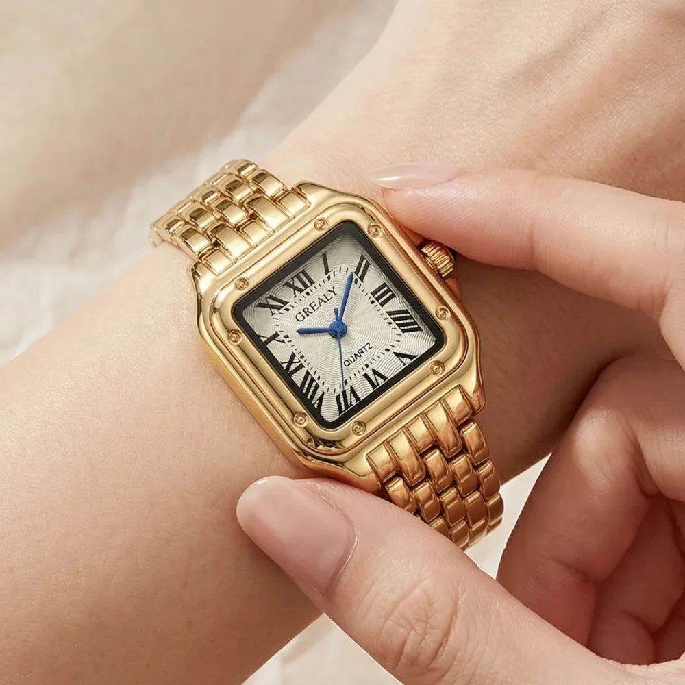 New Fashion Quartz Women Watch Simple Elegant Square Dial Gold Stainless Steel Strap Waterproof Leisure Business Watches Hot