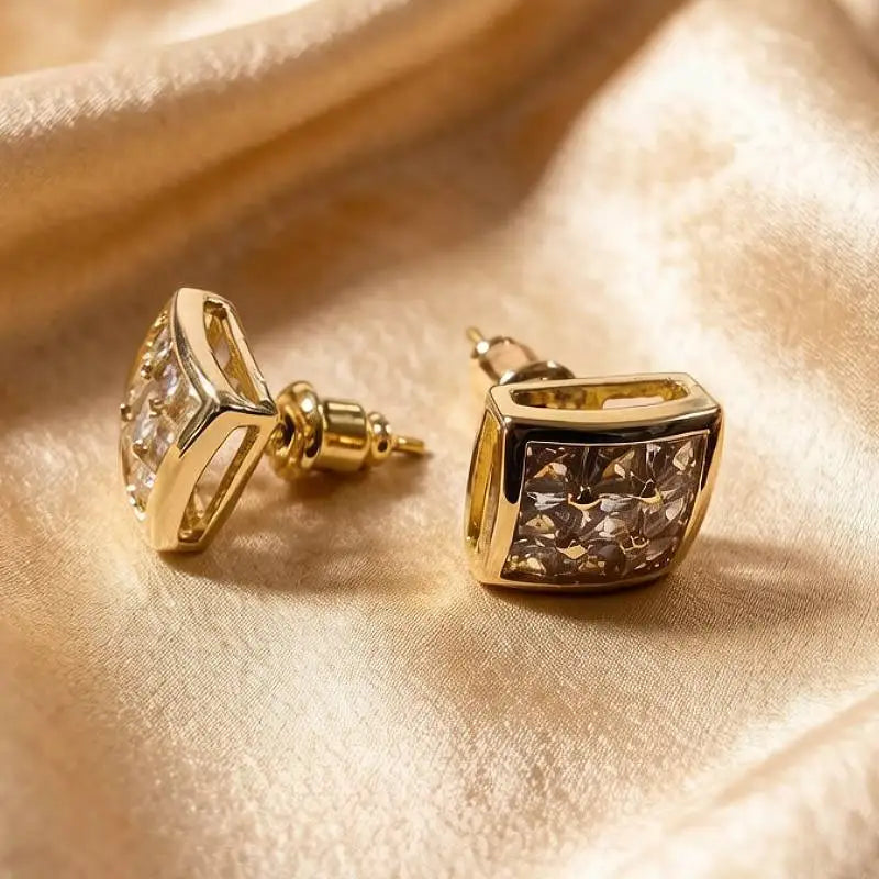 Huitan Luxury Gold Color Square Stud Earrings Women Ear Piercing with CZ Stone Simple Stylish Cool Earrings Hip Hop Jewelry