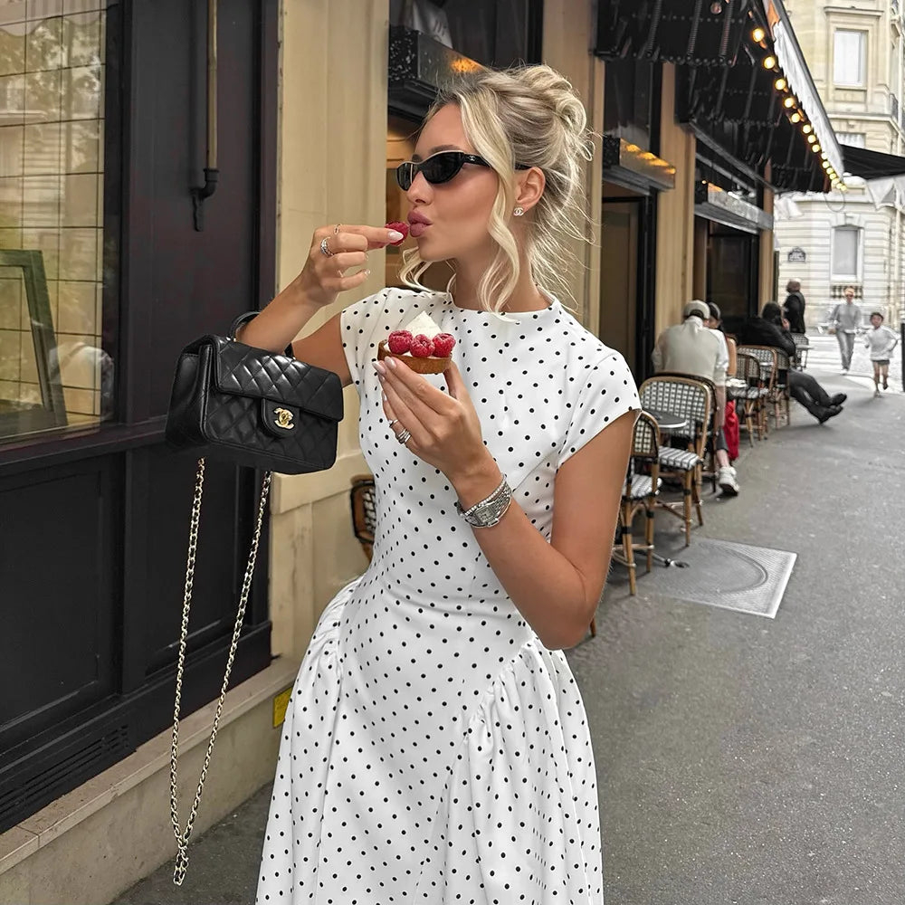 Elegant Polka Dot Long Dress Women's High Waist A-line Maxi Dresses Evening Party Summer Holiday Resort Blue Black Green White