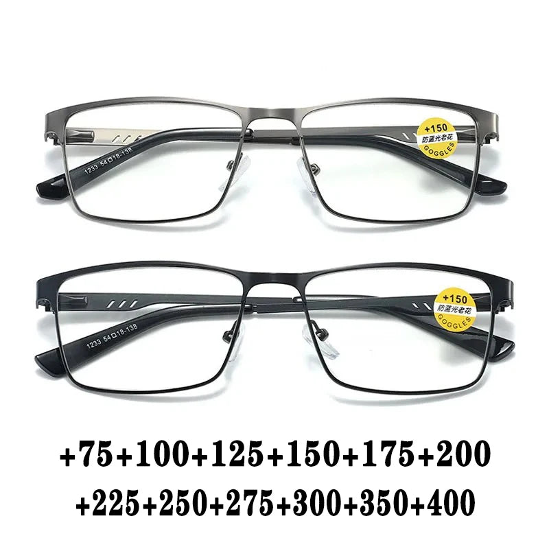 Men's Business Reading Glasses Alloy Big Frame Male Anti Blue Light Hyperopia Presbyopia Prescription Glasses +0.75-+4
