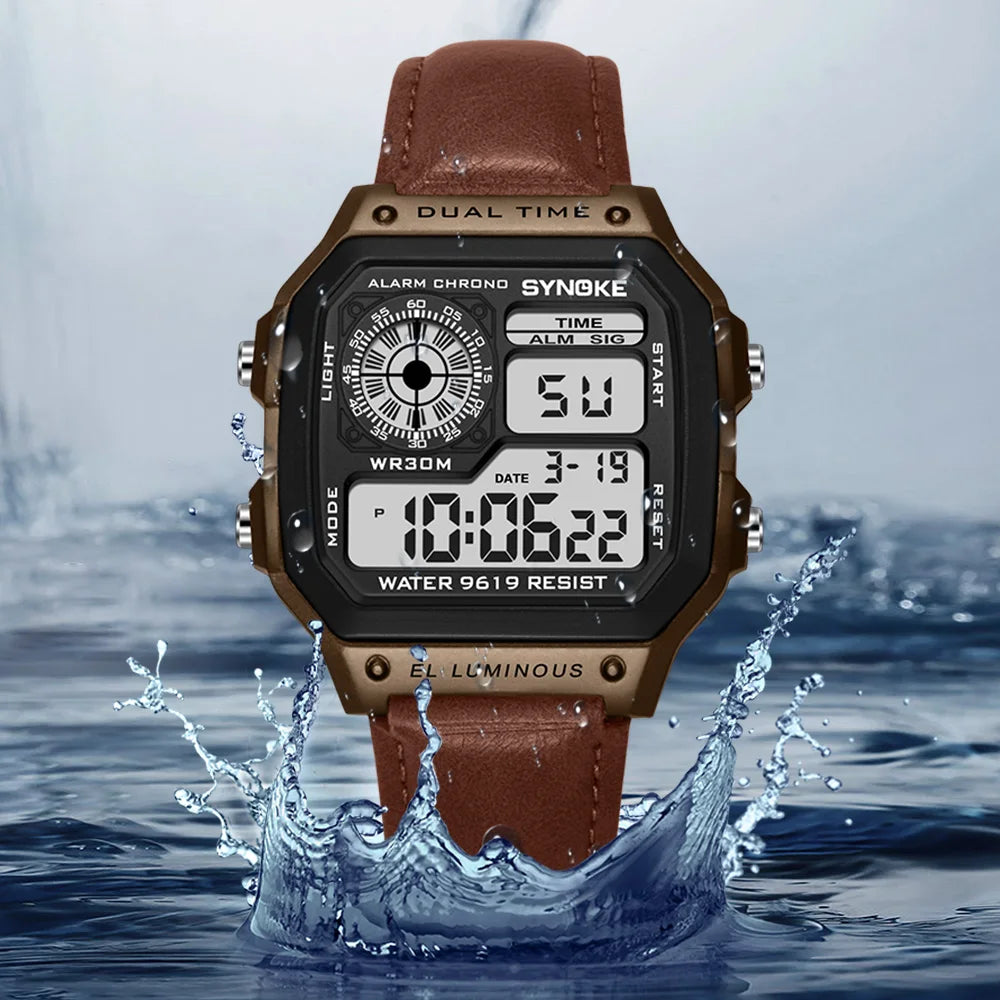 SYNOKE Belt Watch Men Outdoor Sports Multifunctional Waterproof  Luminous LED Digital Watch PU Leather For Men Retro Fashion