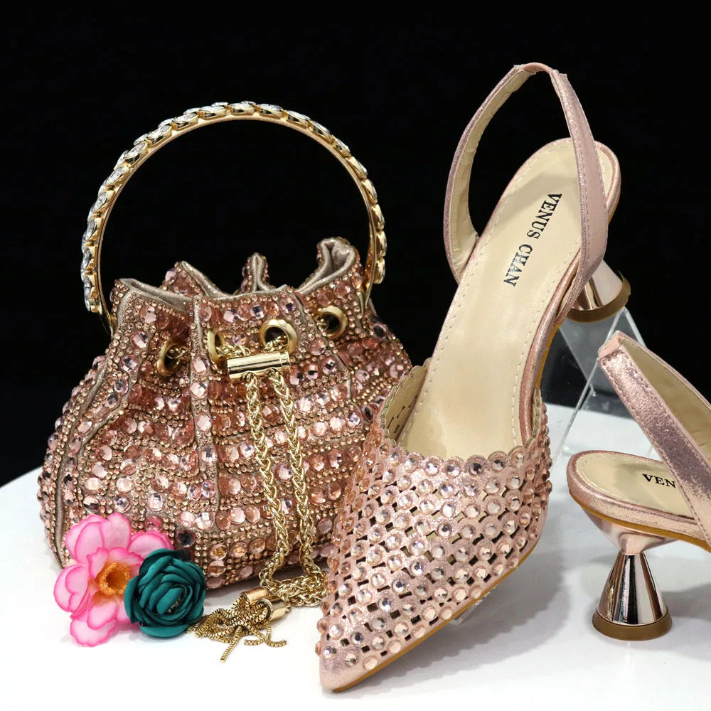 Venus Chan 2023 New INS High-Heeled Pointed Toe Wedding Shoes Colorful Full Diamond Design Shoe and Bag Set for Nigeria Party
