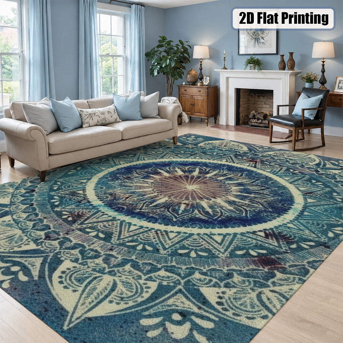 Large Indoor Area Rug, Soft Velvet Low Pile with Non-Slip Dotted Backing, Machine Washable, Blue Boho Mandala Pattern, Great for Living Room, Bedroom, Entryway Home Decor