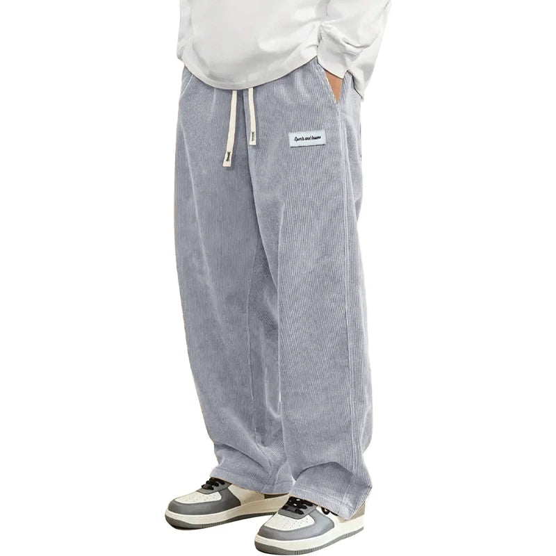 Autumn Mens Corduroy Casual Pants Fashion Loose Fit Pants Straight Sweatpants Elastic Waist Drawstring Outdoor Streetwear