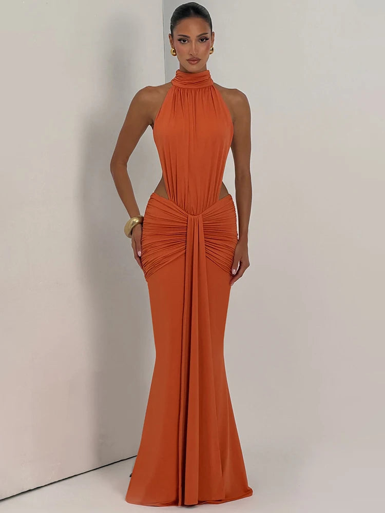 Mozision Turtleneck Backless Sexy Maxi Dress Women Gown Elegant Off-shoulder Sleeveless Ruched Bodycon Club Party Long Dress