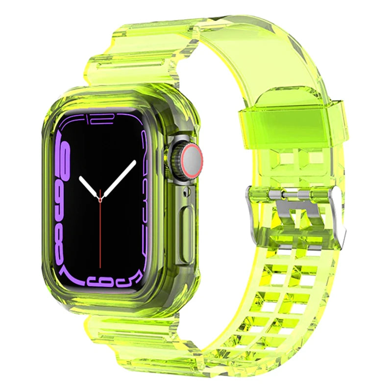 Clear Band + Case for Apple Watch Series 9 8 7 49mm 45mm 44mm 42mm 41mm Transparent Plastic Strap for iwatch 6 SE 5 4 38mm 40mm