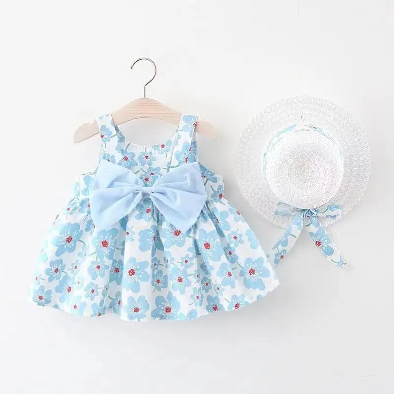 0-3-Year-Old Baby Clothes Summer Seaside Vacation Children's Dress Floral Sleeveless Bow Girl Princess Dress+Hat