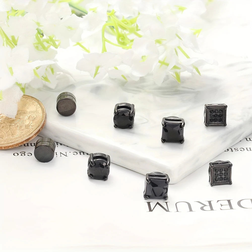 4 Pairs Stainless Steel Magnetic Stud Earrings, Fashion Cubic Zirconia Magnetic Non-piercing Ear Clip For Men