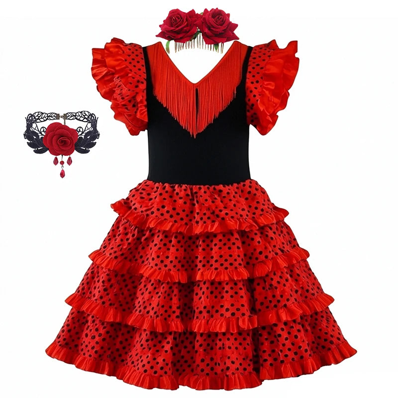 Girls Spanish Flamenco Dress Red Polka Dot Cake Puff Kids Carnival Halloween Party Stage Show Cosplay Festival Dance Costume