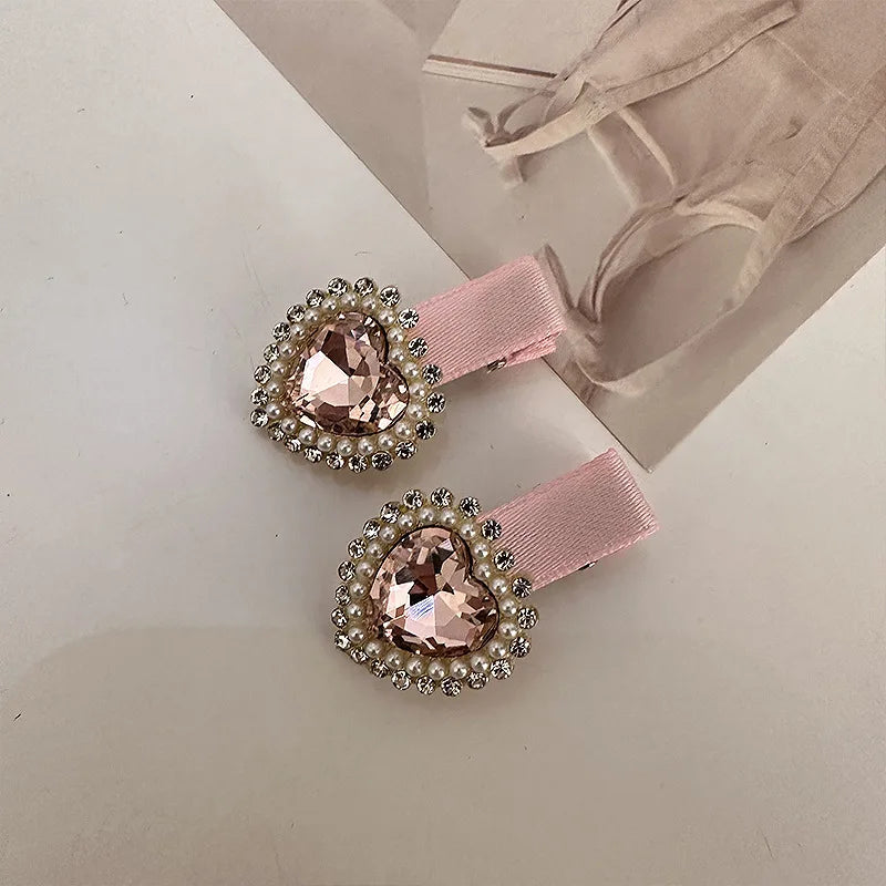 Korean Love Rhinestone Fabric Art Duck Mouth Clip Sweet and Versatile Side bangs Clip Hair Accessories Women's Pink Hair Clip