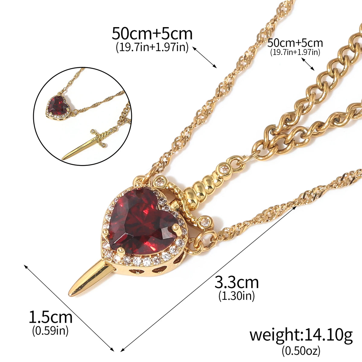 LATS 2pcs Can Be Assembled Heart and Sword Zircon Pendant Necklace for Women Men Couple Silver Gold Plated Choker Chain Jewelry