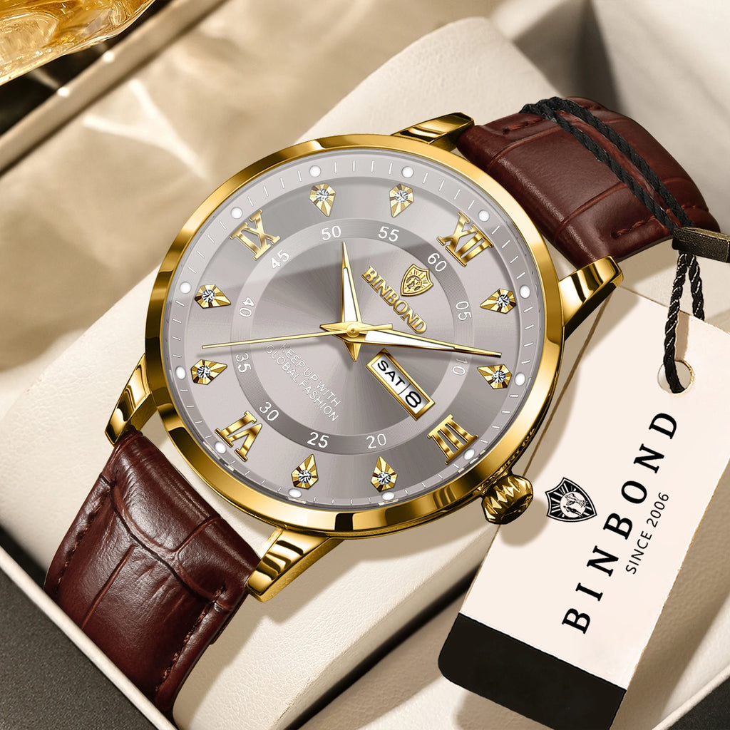 BINBOND quartz watches for men luxury sturdy luminous waterproof auto date week display accurate men's watch business reloj