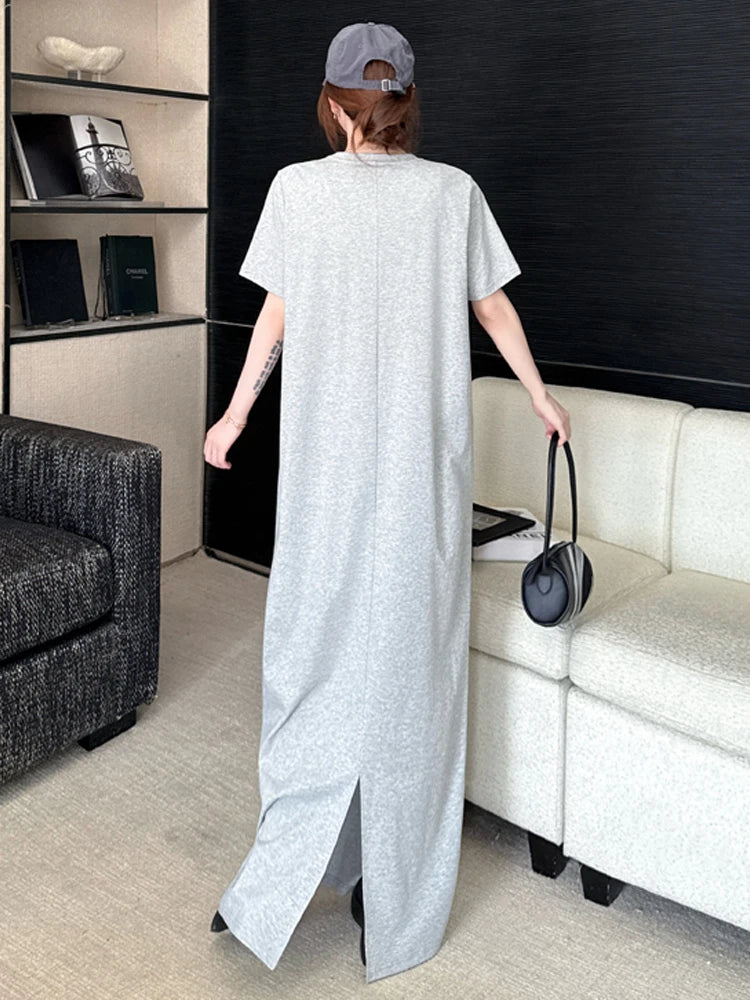 NYFS 2026 Korean Style Women's Summer Loose plus Size Dress Short Sleeve Solid Long Dress Robe Elbise