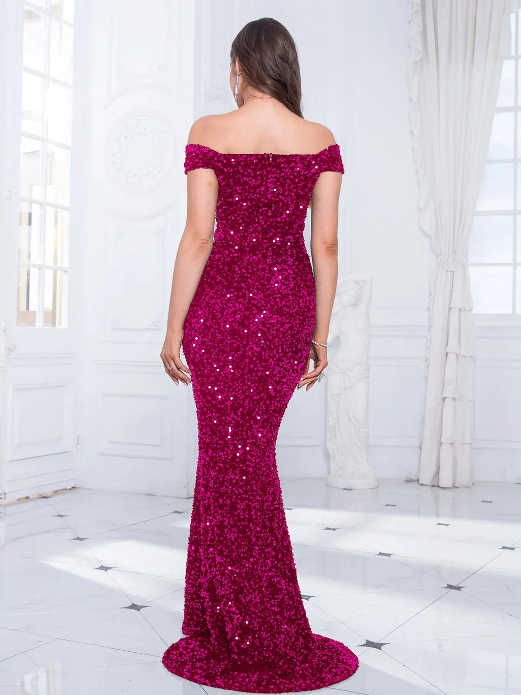 Romagic Off The Shoulder Mermaid Evening Dress Red Stretchy Sequin Velvet Slash Neck Floor Length Luxury Women Party Dresses