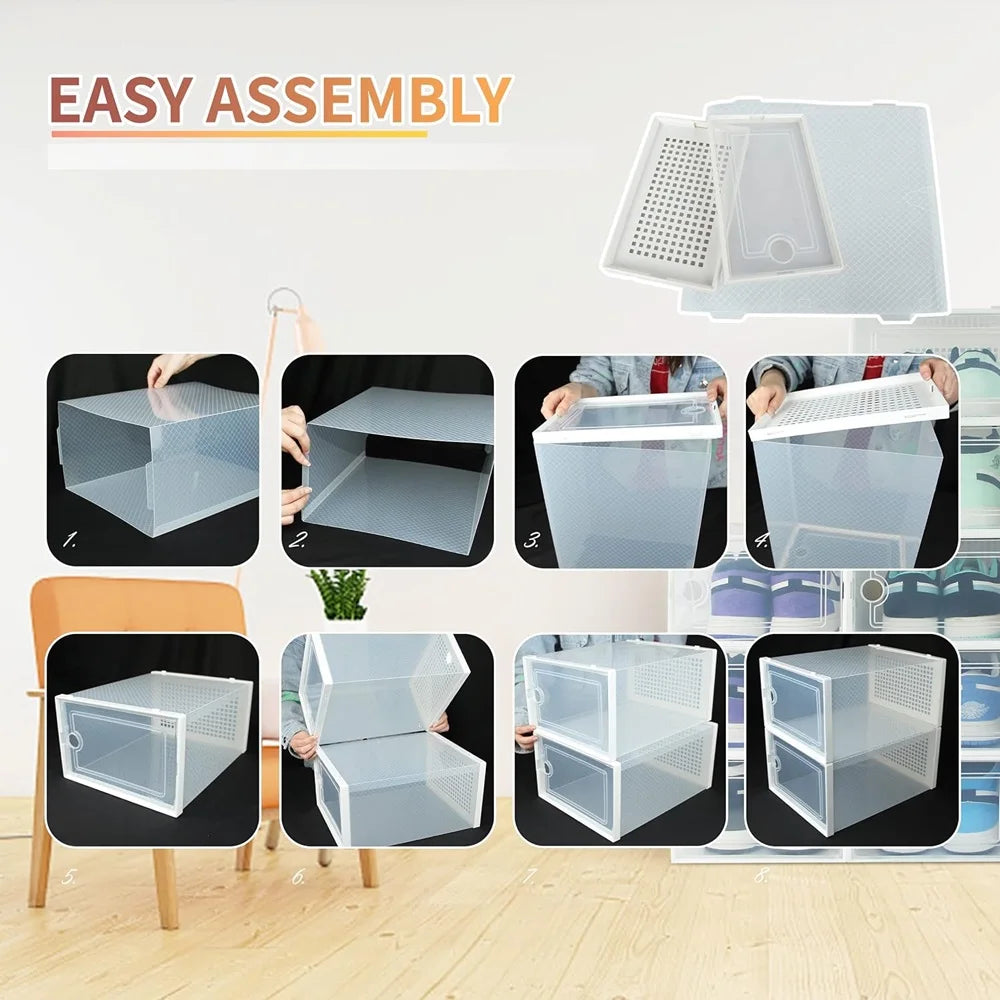 24pcs Large Stackable Plastic Shoe Storage Boxes Dustproof Transparent Display Cabinet for Men/Women Sports Shoes Boots Hat Orga