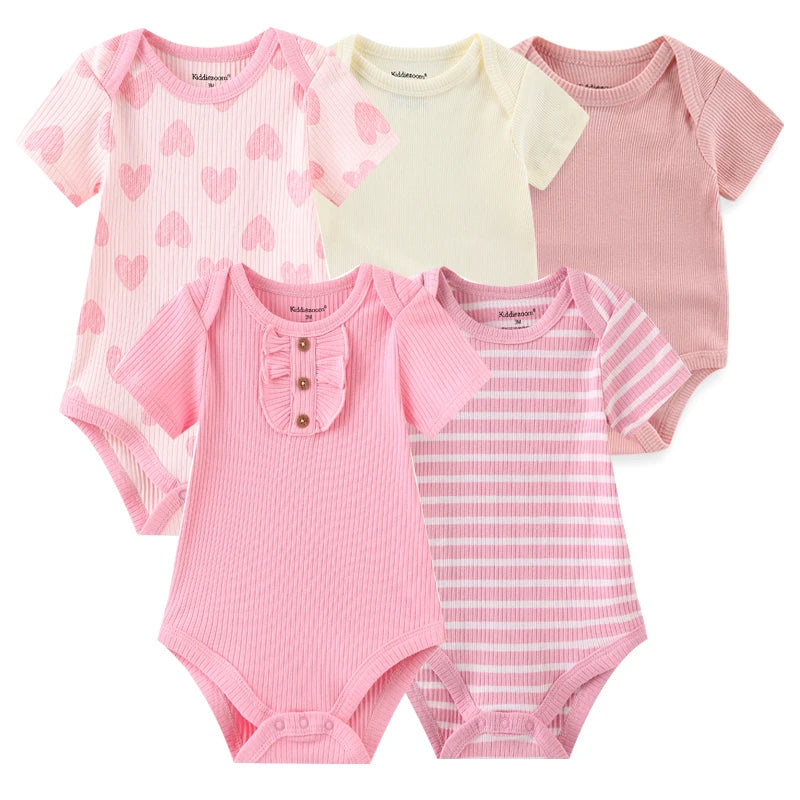 Newborn Bodysuits Unisex 5Pieces Baby Girl Clothes Solid Color Cotton Baby Boy Clothes Set Cartoon Print Summer Bebes