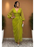 Plus Size Women Tulle Sheer Evening Dress Deep V Neck Puff Sleeve Ruched Waist Mesh Gown Formal Party Wedding Guest Maxi Dresses