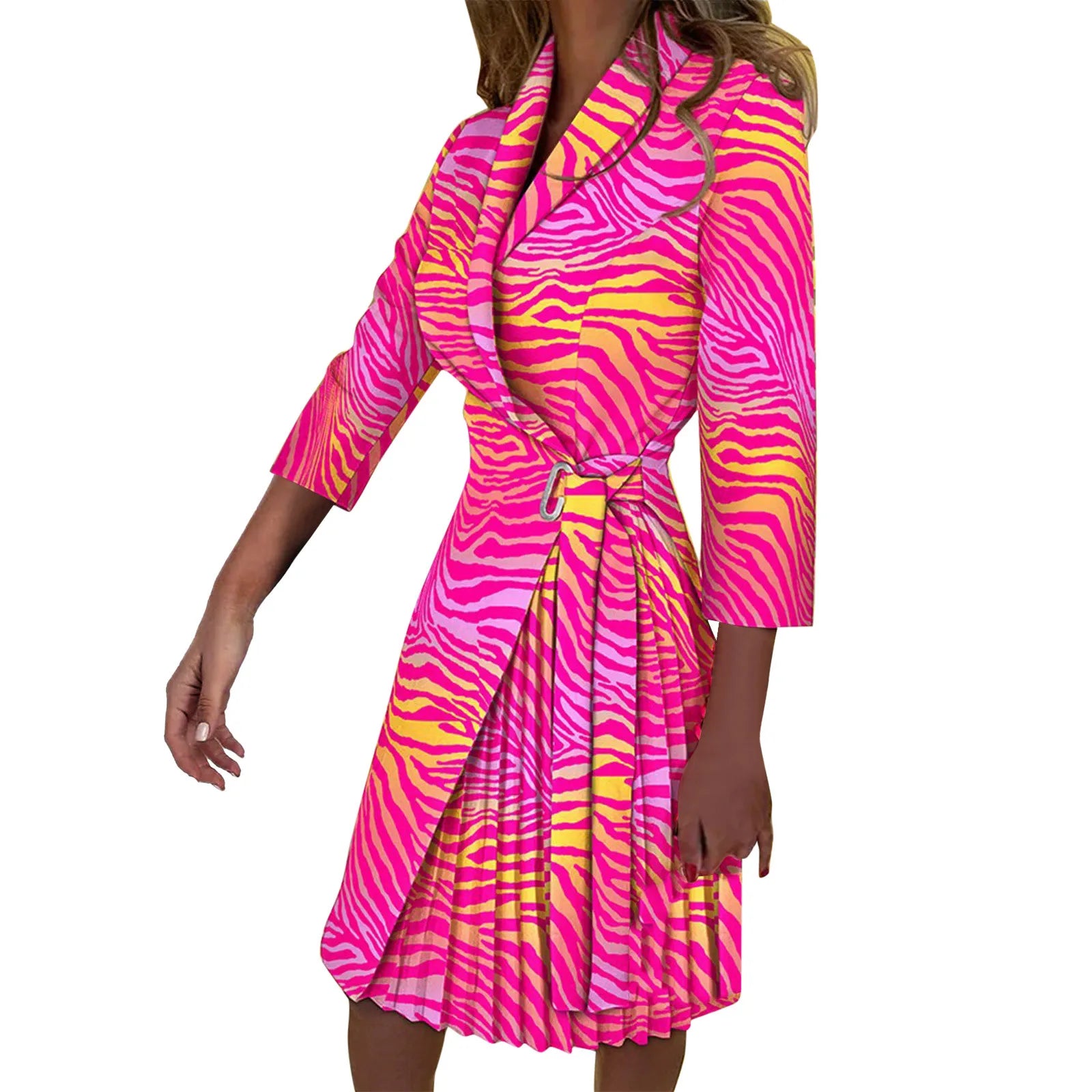 Autumn Fashion Women Patchwork Pleated Blazer Dress Elegant 3/4 Sleeve Lapel Lace-Up Dress Elegant Office Lady Slim Party Dress