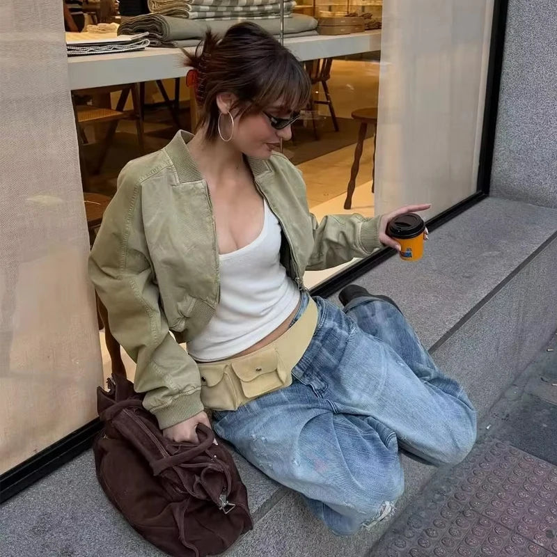 MUJER Varsity Bomber Jackets for Women Zipper Cropped Jacket Woman Outerwears Casual Womens Coats Long Sleeve Women's Jackets