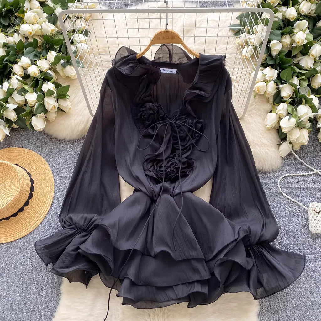 V-neck Long Flare Sleeve Vestidos Ruffles 3d Flower Dress Spring Tunic Dresses Temperament Ropa De Mujer Gentle Vestido