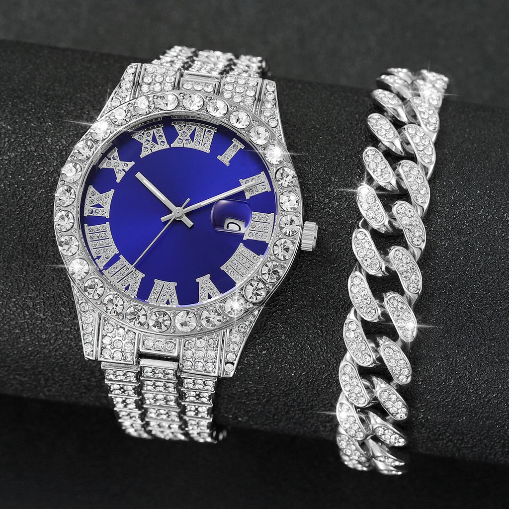 2PCS Luxury Rhinestone Men Watches Fashion Stainless Steel Band Male's Analog Quartz Watch Bracelet Set Relogios Masculino