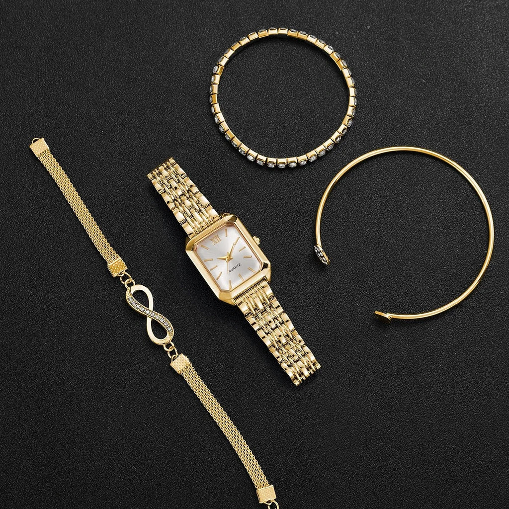 4PCS Fashion Women Watches Rhinestone Bracelets Set Elegant Rectangle Ladies Roma Quartz Wristwatch Reloj Mujer(Without Box)