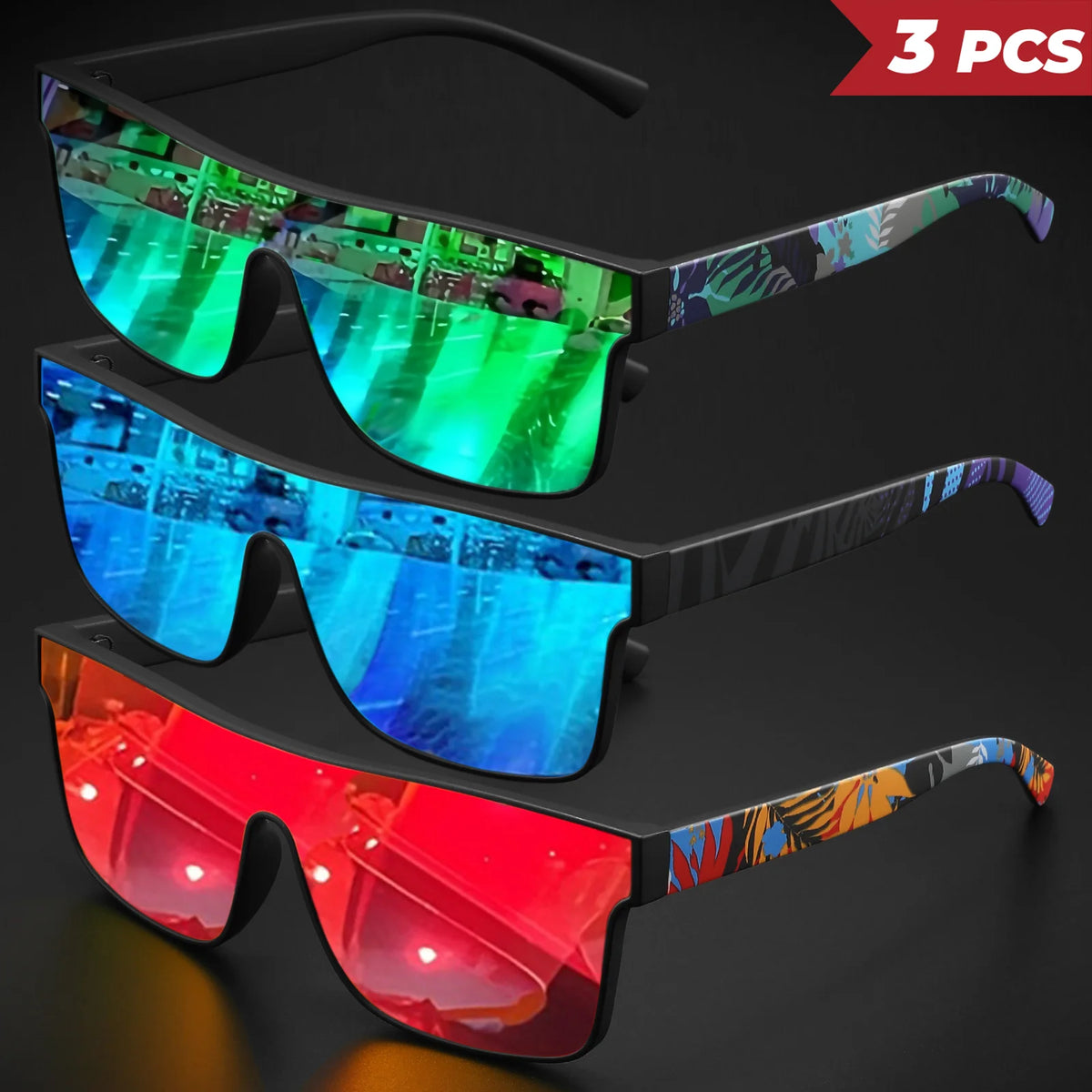 3PCS Colorful Sports Sunglasses - One-Piece Lens with Patterned Temples, UV400 Unisex for Cycling, Hiking & Beach