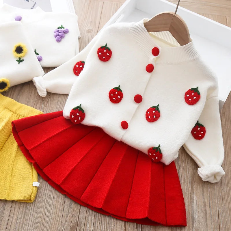 Girls Long Sleeve Knitting Suit 2025 Christmas Autumn Winter New Girls Sweater Cardigan Knitting Top + Skirt Two Piece Set