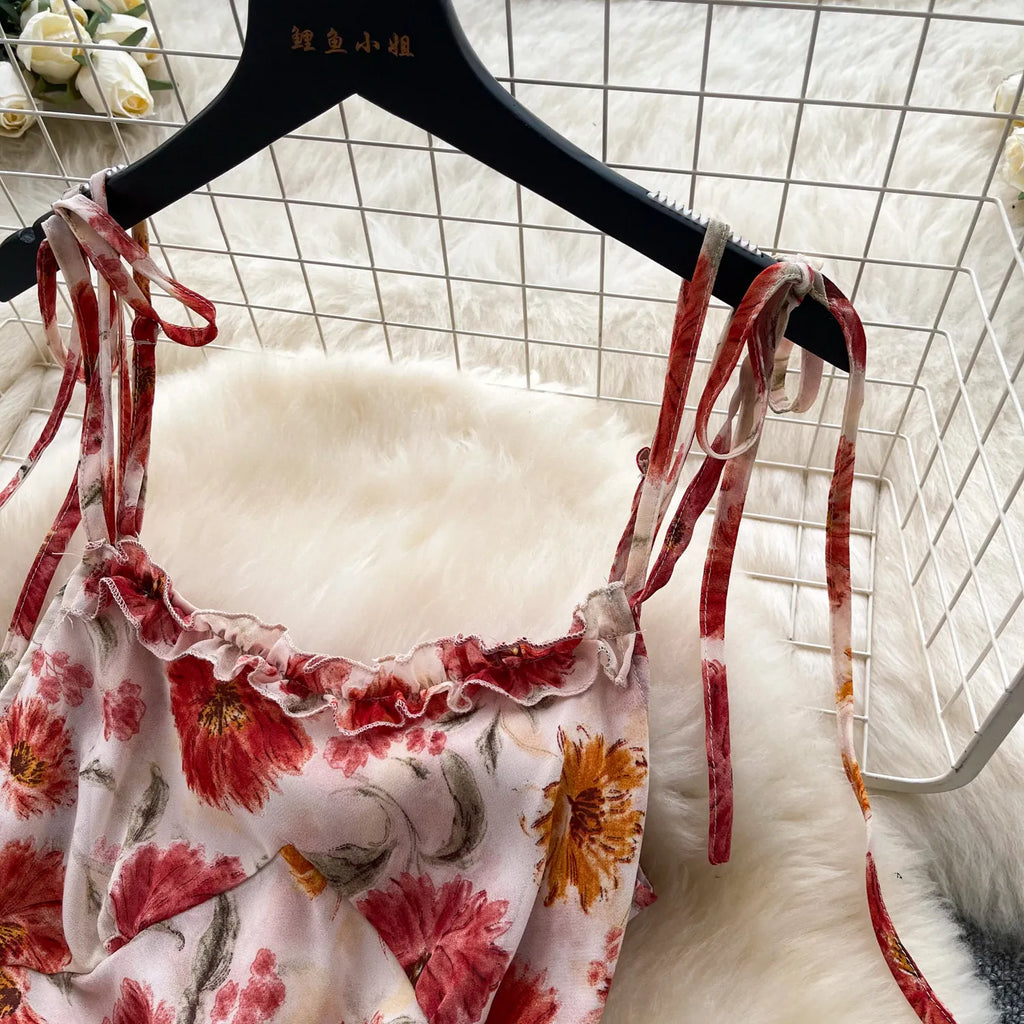French Vacation Floral Spaghetti Strap A‑Line Midi Dress Women Summer High Waist Ruffled Slim Elegant Dresses