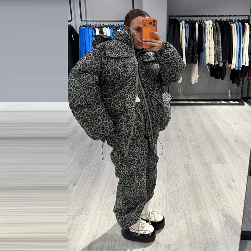 Women Leopard Print 2‑Piece Outfit Hooded Puffer Coat Wide Leg Pants Set Loose Warm Winter Street  Ladies Matching Outfit Suit