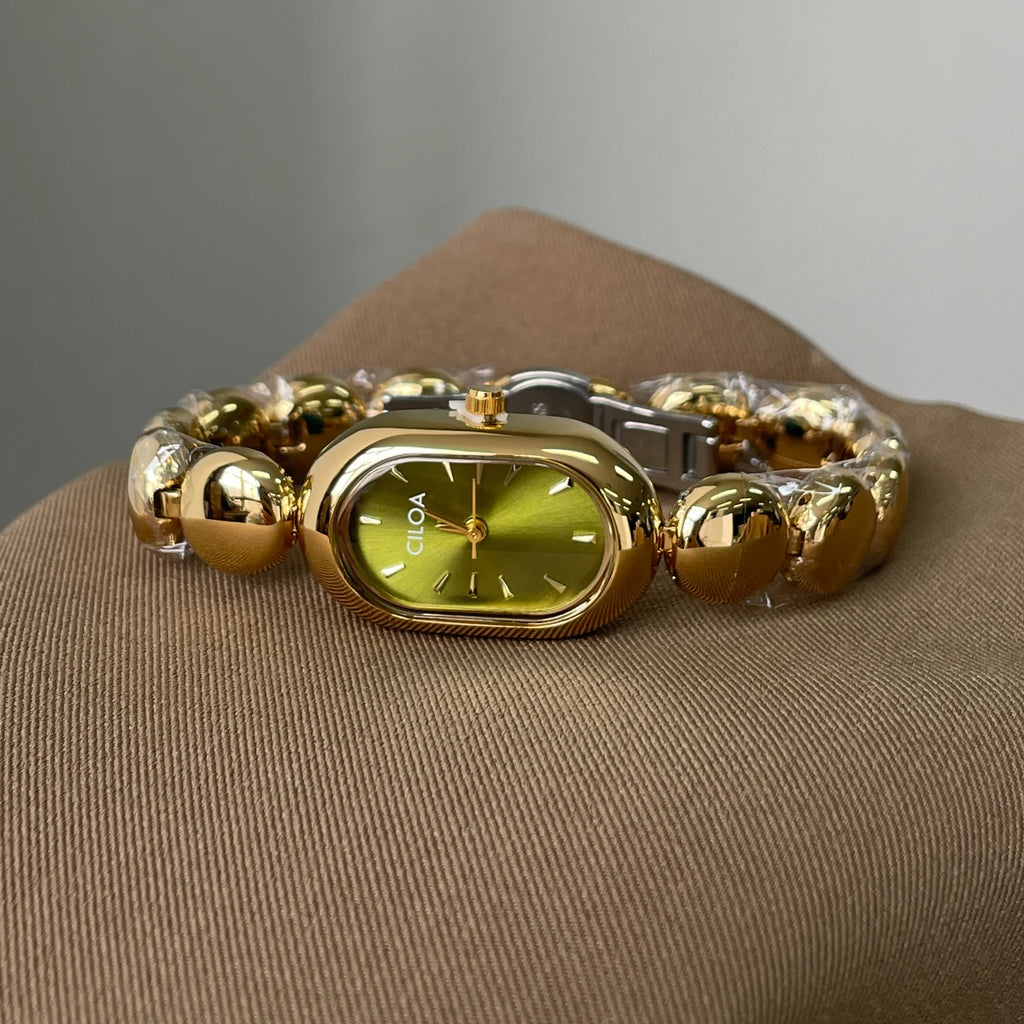 CILOA Women Oval Quartz Watch Green Dial Golden Bead Metal Bracelet Elegant Casual Wrist Watch-767