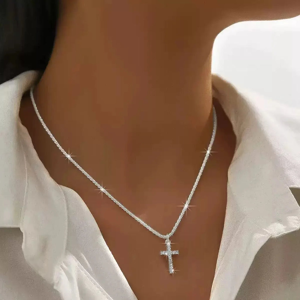 Fashion Crystal Cross Pendant Chain Choker Necklace Women's Trendy Retro Charm Jewelry Wholesale
