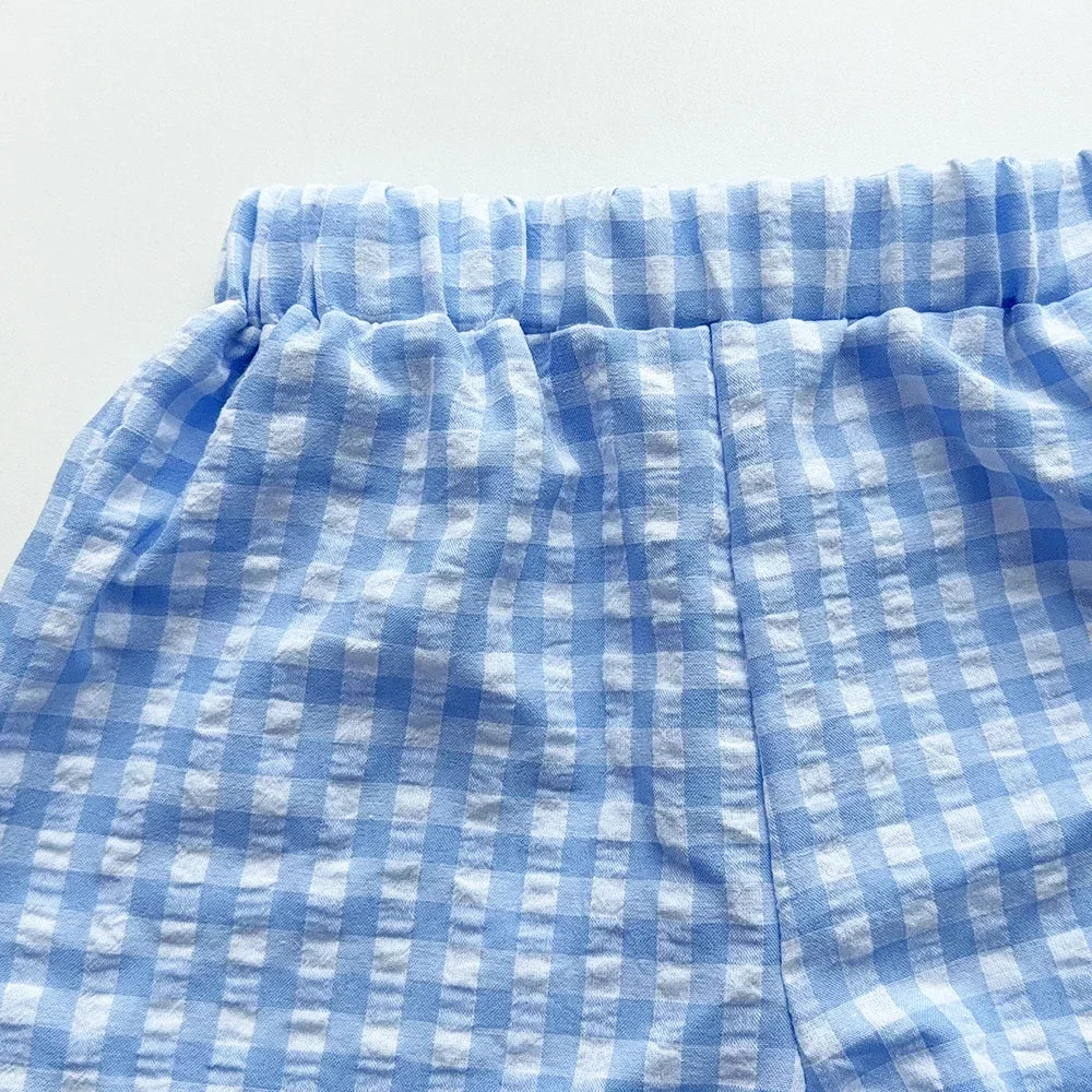 Blue and White Grid Fresh Casual Girls' Clothing Lace Sleeveless Single Breasted Vest+wide Leg Pants Two-piece Set for Summer