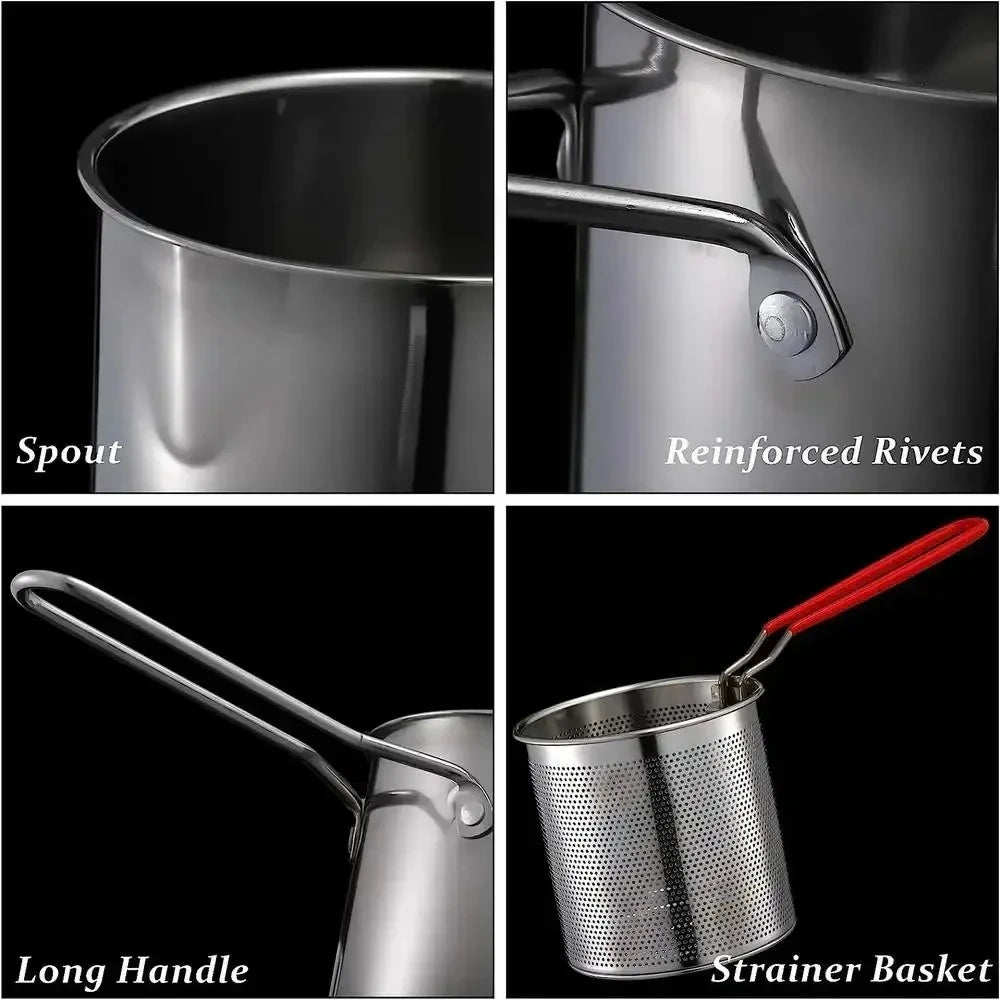 Stainless Steel Deep Fryer with Basket Multi Purpose Home Commercial Use for Frying Tempura Chicken Anti Slip Base Cool Touch