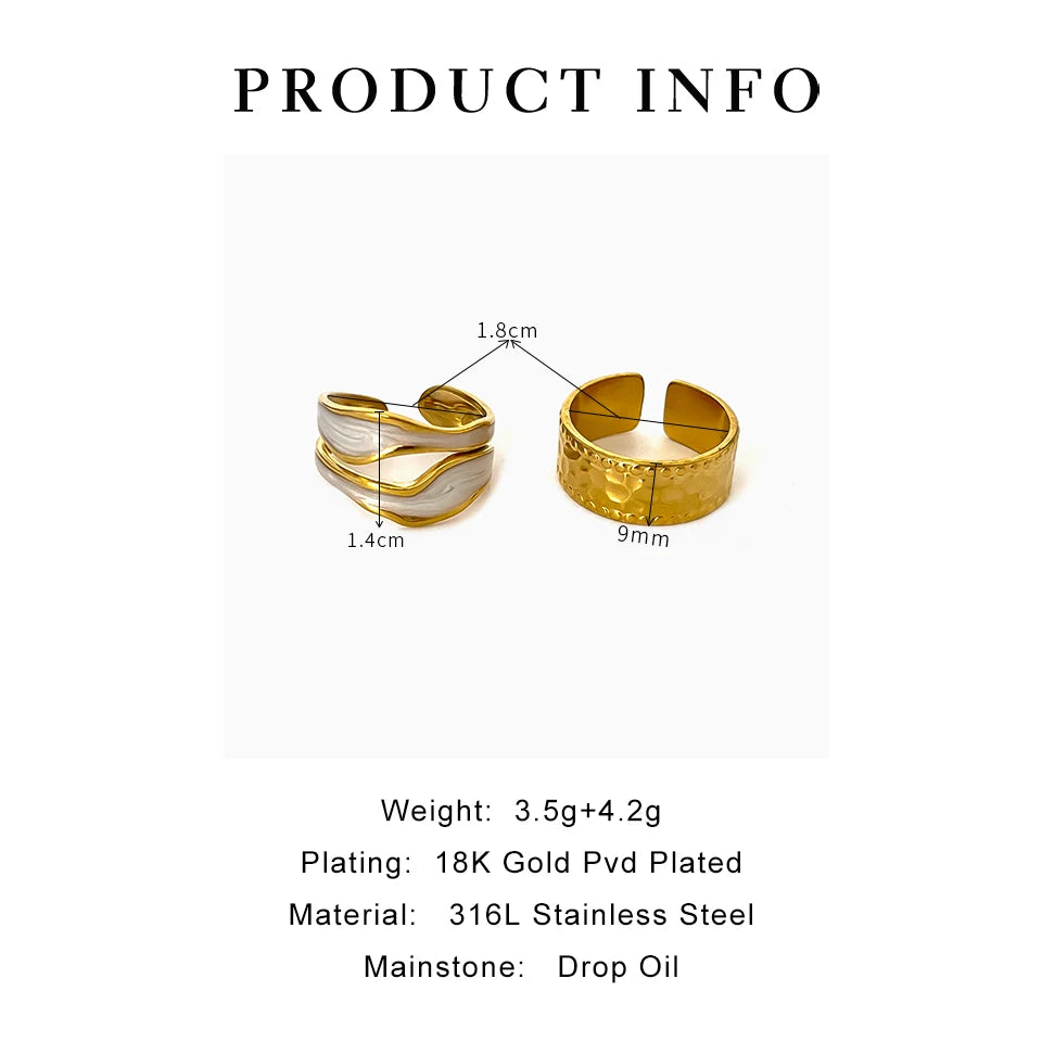 Peri'sbox Trendy Retro Double Enamel White Opening Rings for Women Stainless Steel Gold Plated Hammered Ring Adjustable Jewelry