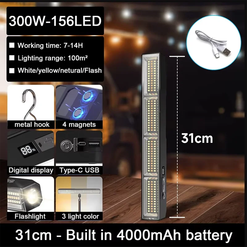 【High Power Magnetic LED Light Bar】2026 New Portable USB Rechargeable Work Light 3 Modes IP66 Waterproof Emergency Power Bank
