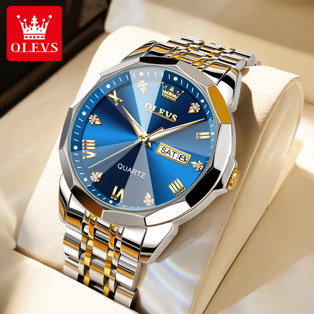 OLEVS Men's Watches Rhombus Mirror Original Quartz Watch for Man Waterproof Luminous Stainless Steel Wristwatch Male Date Week