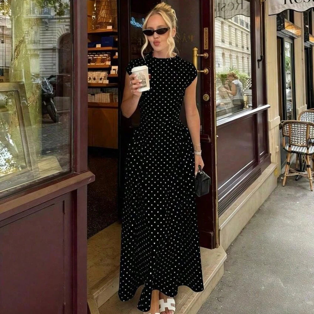 Talenza White Polka Dot Long Dress Summer Sexy High-Waisted Vintage Print Sleeveless Dress Casual Party Vacation New Women Dress